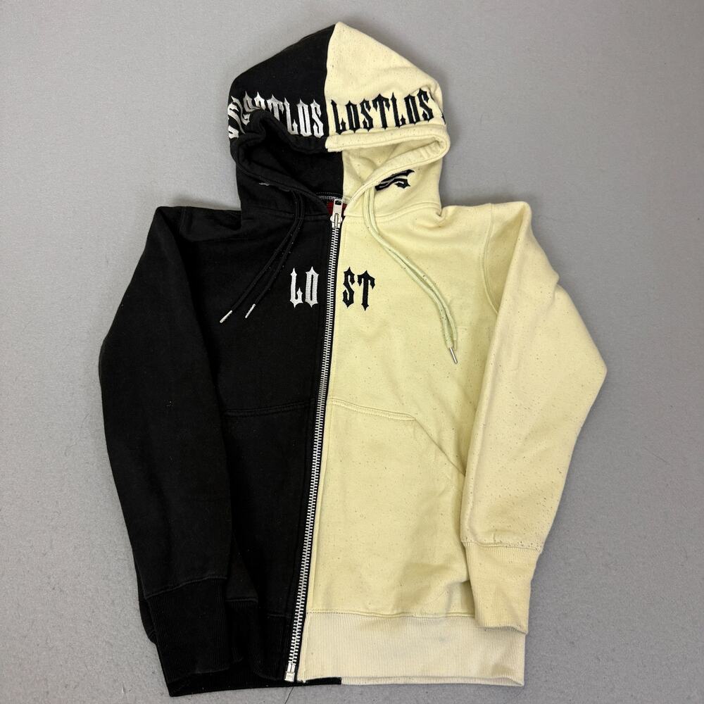 Santos Lost Split Color Zip Hoodie Size S Black Cream Graphic Streetwear